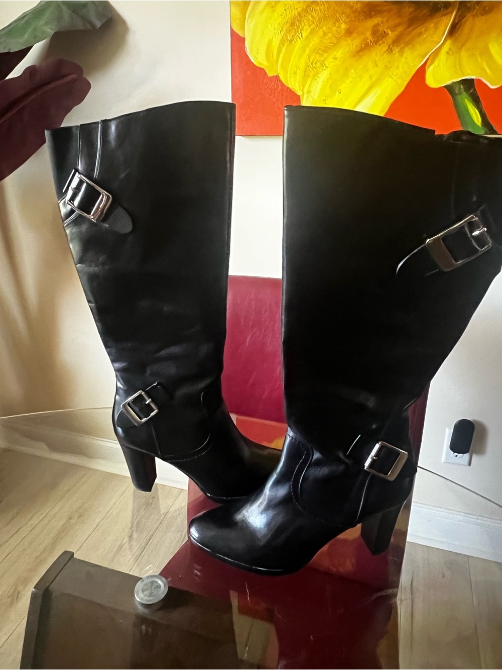 ANTONIO MELANI Black Knee-High Buckle Heeled Boots